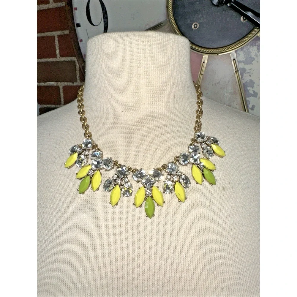 J.Crew Statement Necklace Women OS Yellow Green Gold Bib Cluster Crystal